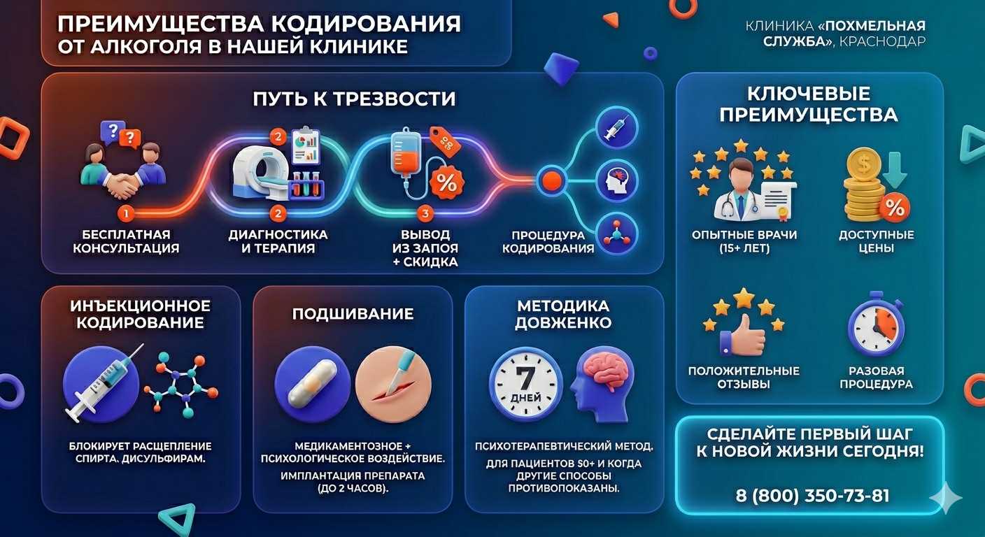 Инфографика о методах кодирования от алкоголя в Ирбите: инъекции, подшивание, метод Довженко. Преимущества клиники и этапы лечения.